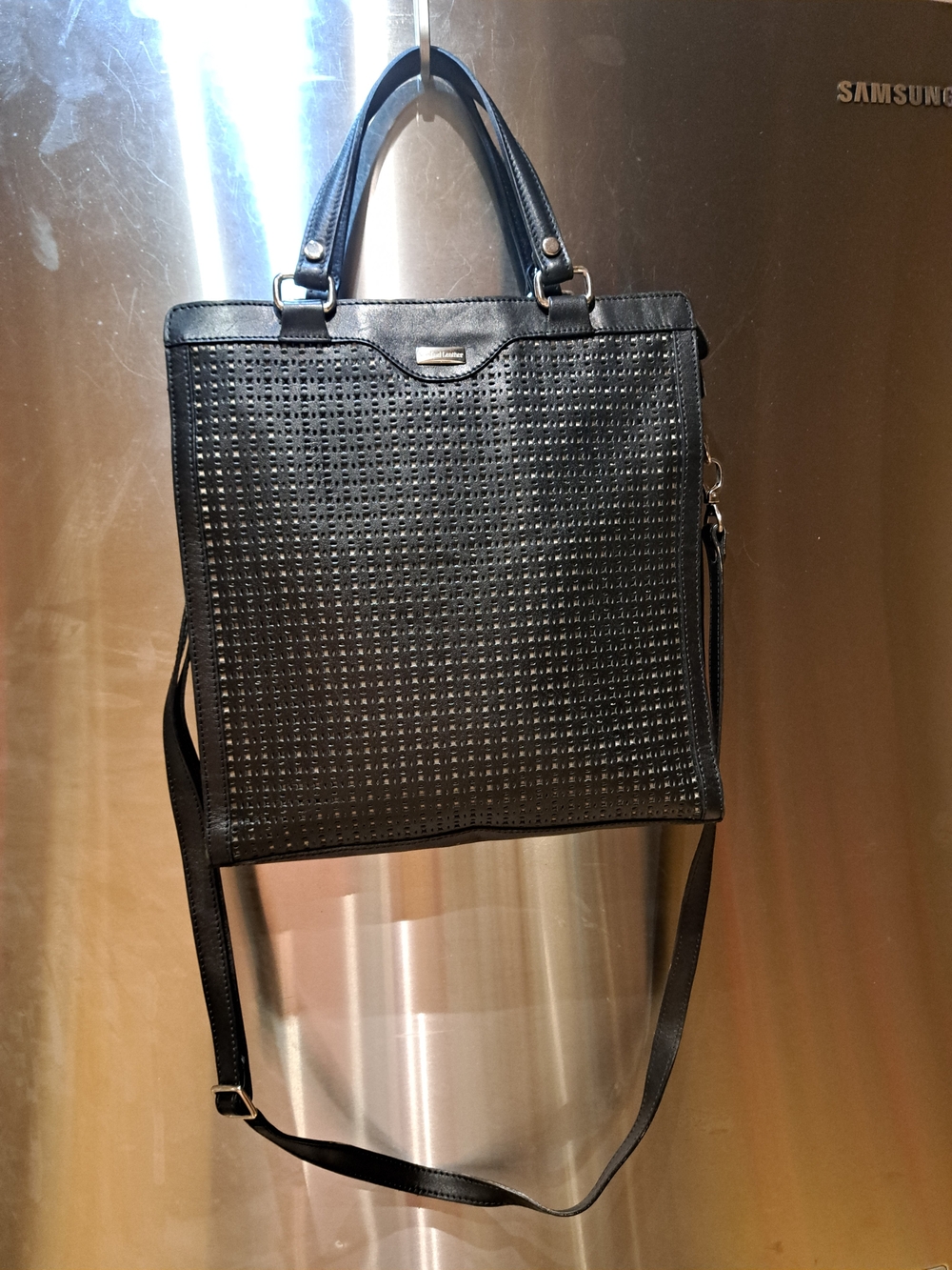 Black Women's Perforated Tote Bag with Removable Crossbody Strap. MASHAD LEATHWR